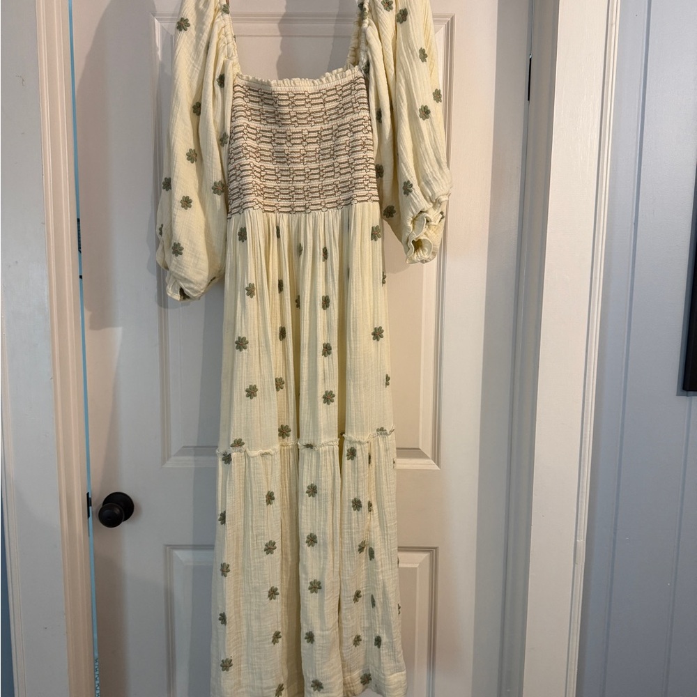 Free People Cream Maxi Dress with Olive Floral Embroidery